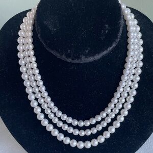 Japan Vintage Elegant 3 strand White Faux Pearls signed